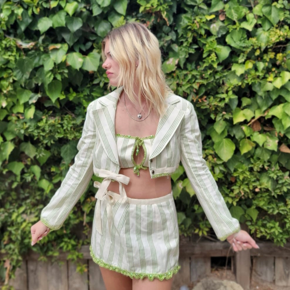 Green and white striped cropped jacket and mini skirt set