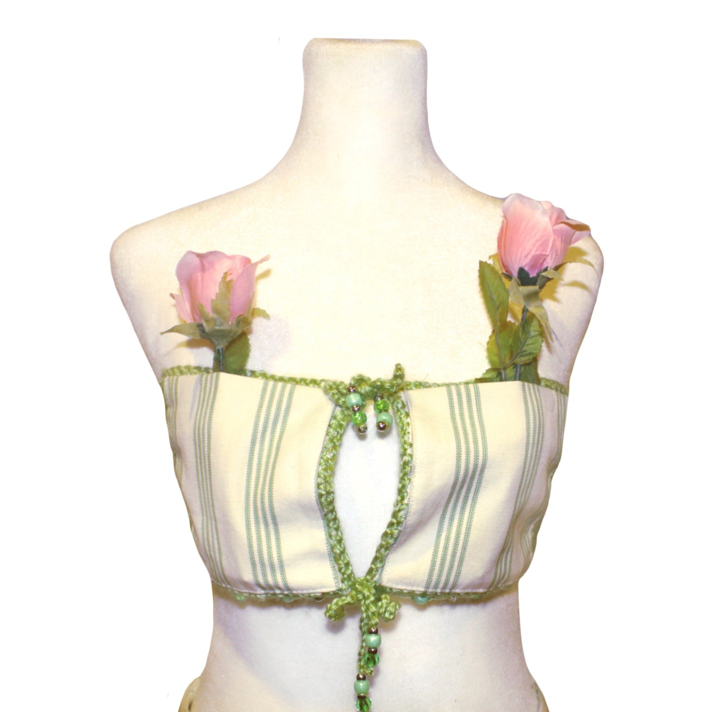 Green and white striped cropped jacket and mini skirt set