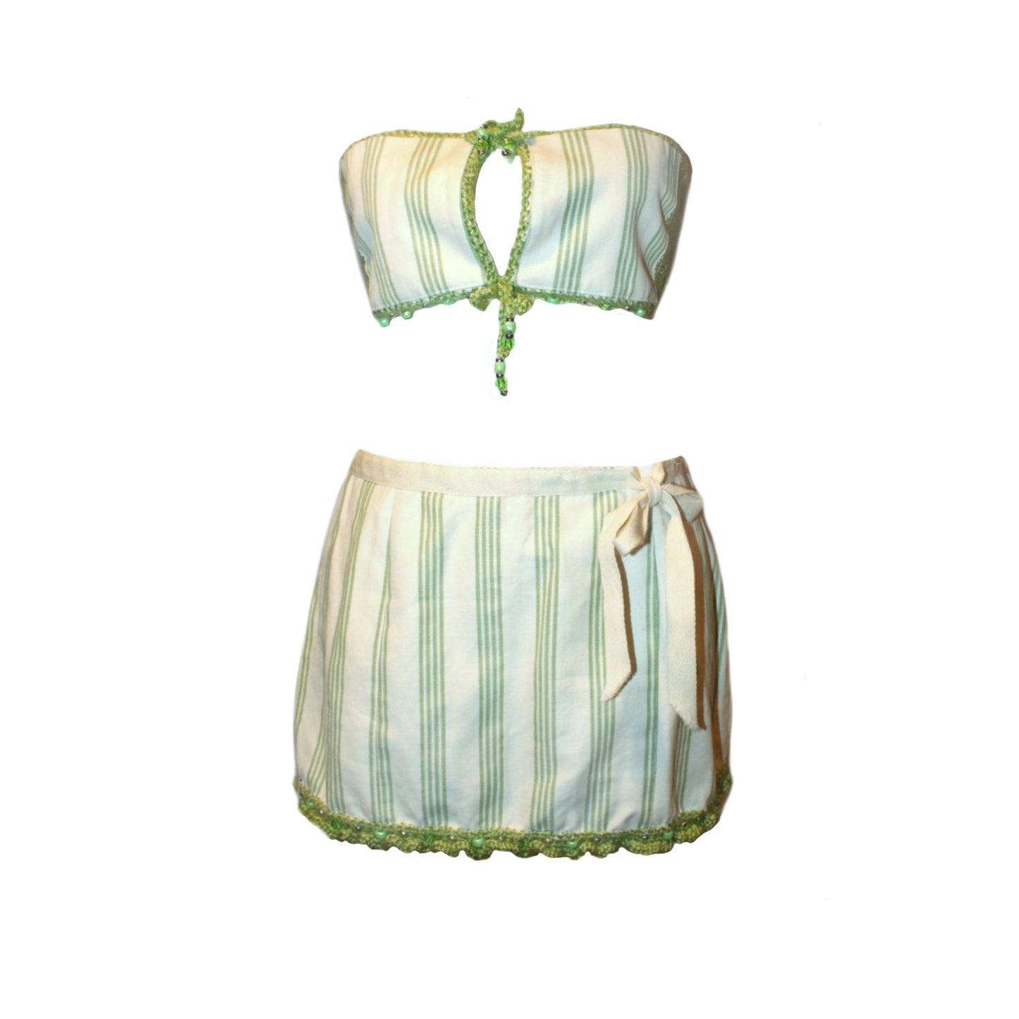 Green and white striped cropped jacket and mini skirt set