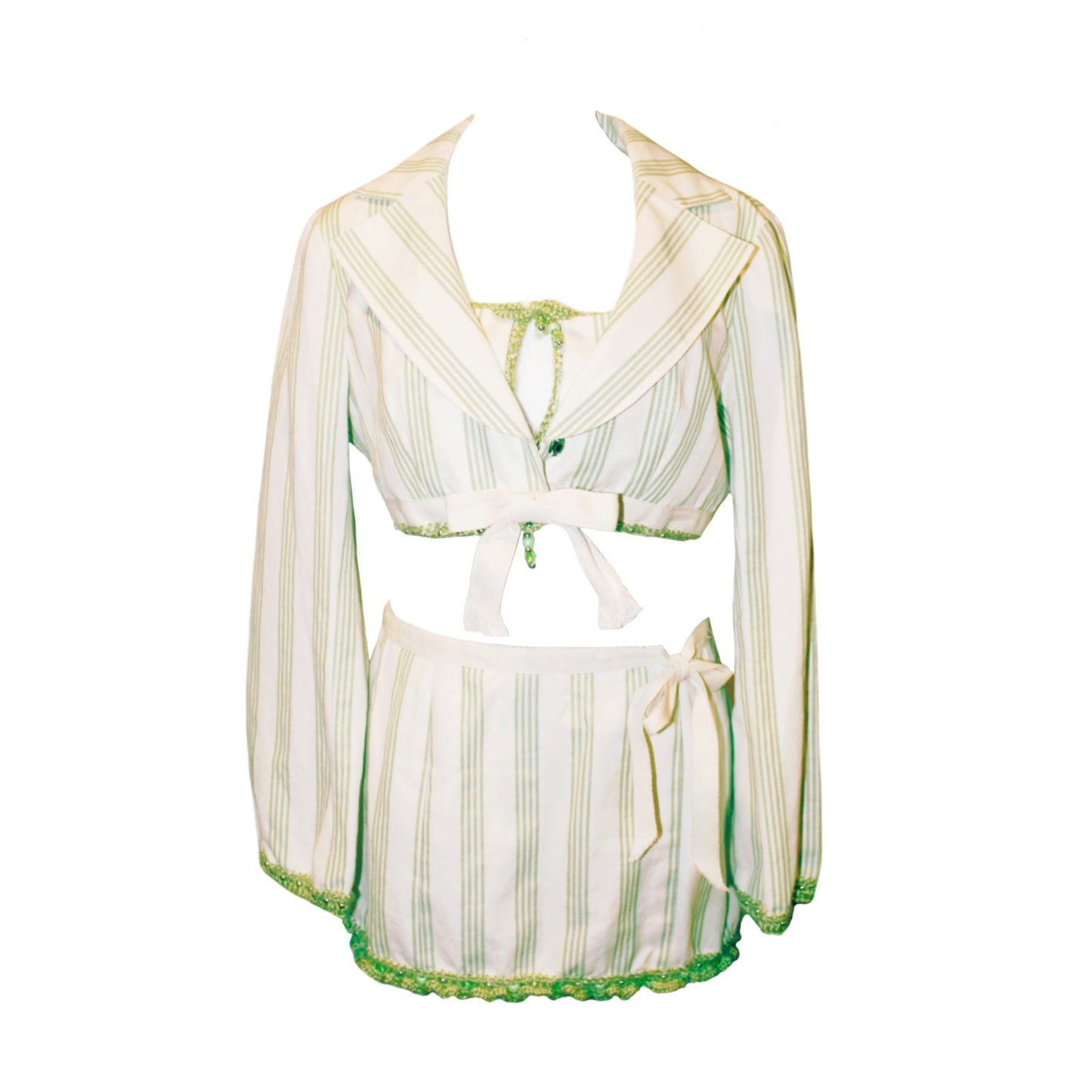 Green and white striped cropped jacket and mini skirt set