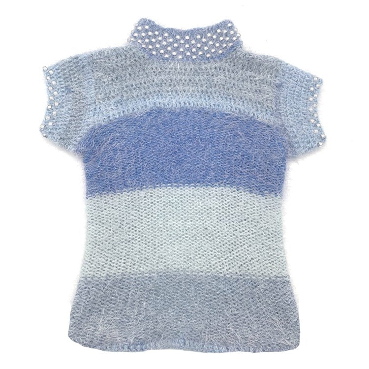 Fuzzy knit short sleeved sweater with pearl beading on the neckline.