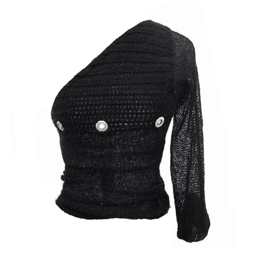 Black knit one-shouldered top with eyelet details