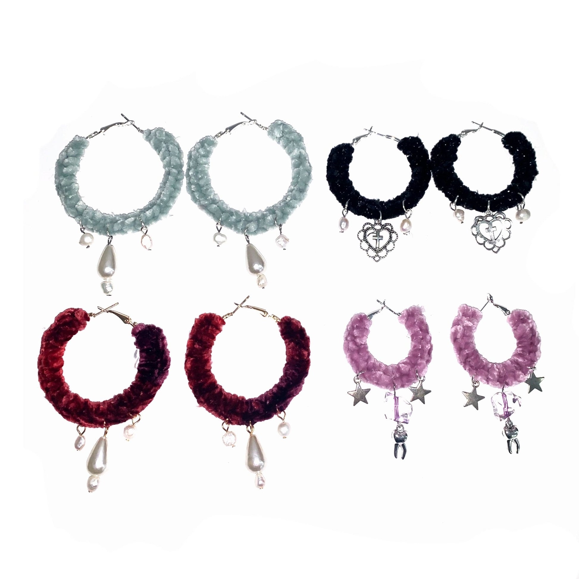 Crochet hoop earrings with charm adornments