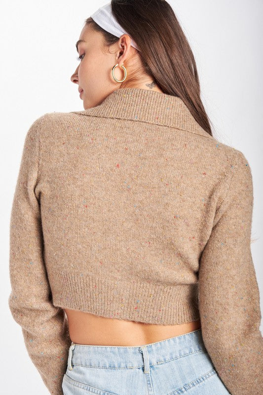 Tan fuzzy cropped cardigan for women at Holocene