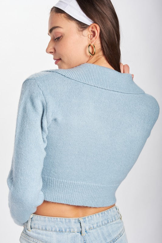 Blue fuzzy cropped cardigan for women at Holocene