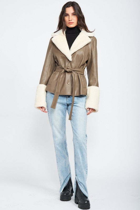 Belted leather jacket with fur cuffs and collar at Holocene