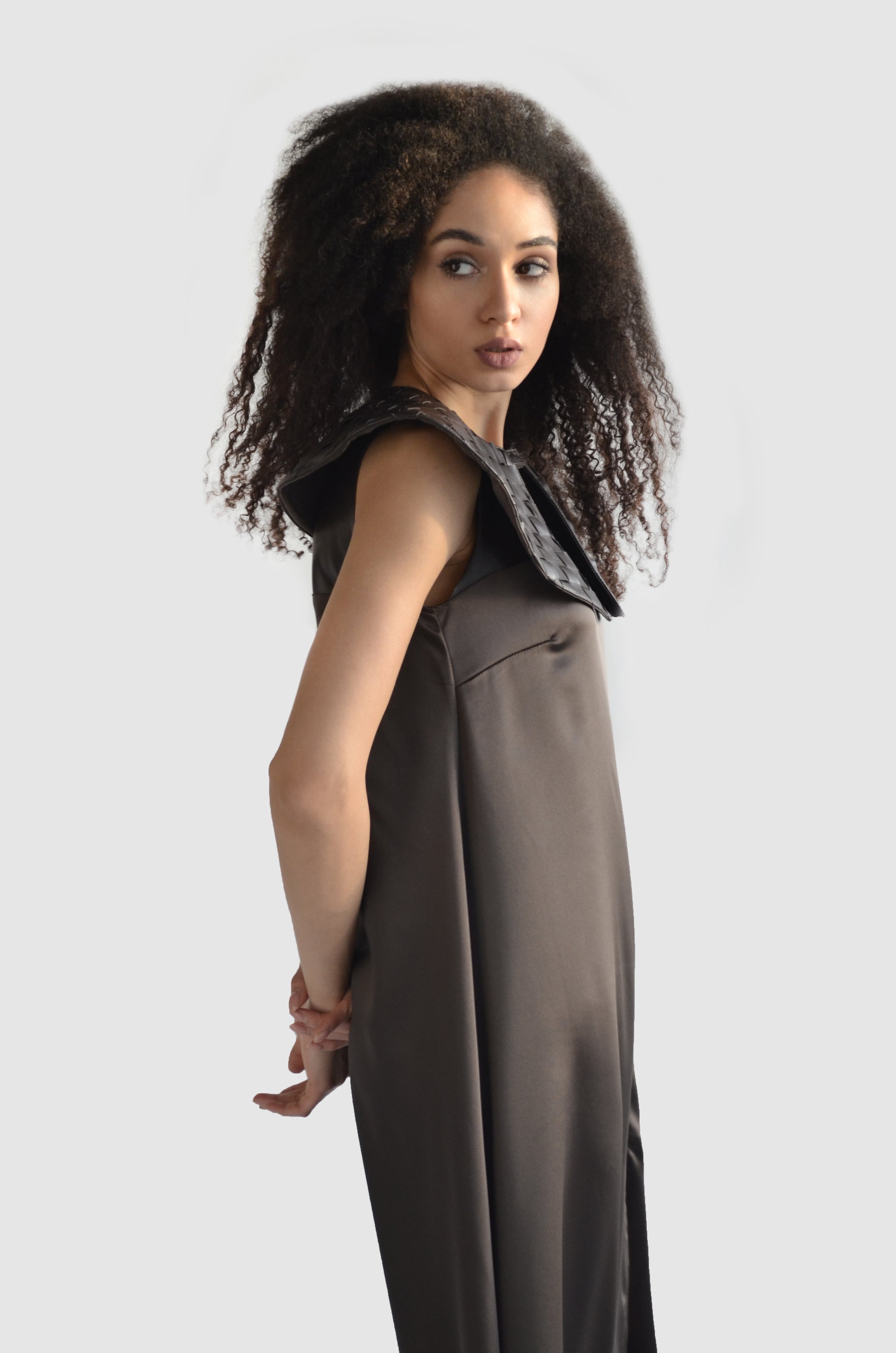 Brown sleeveless satin maxi dress with thigh slit for women by Holocene