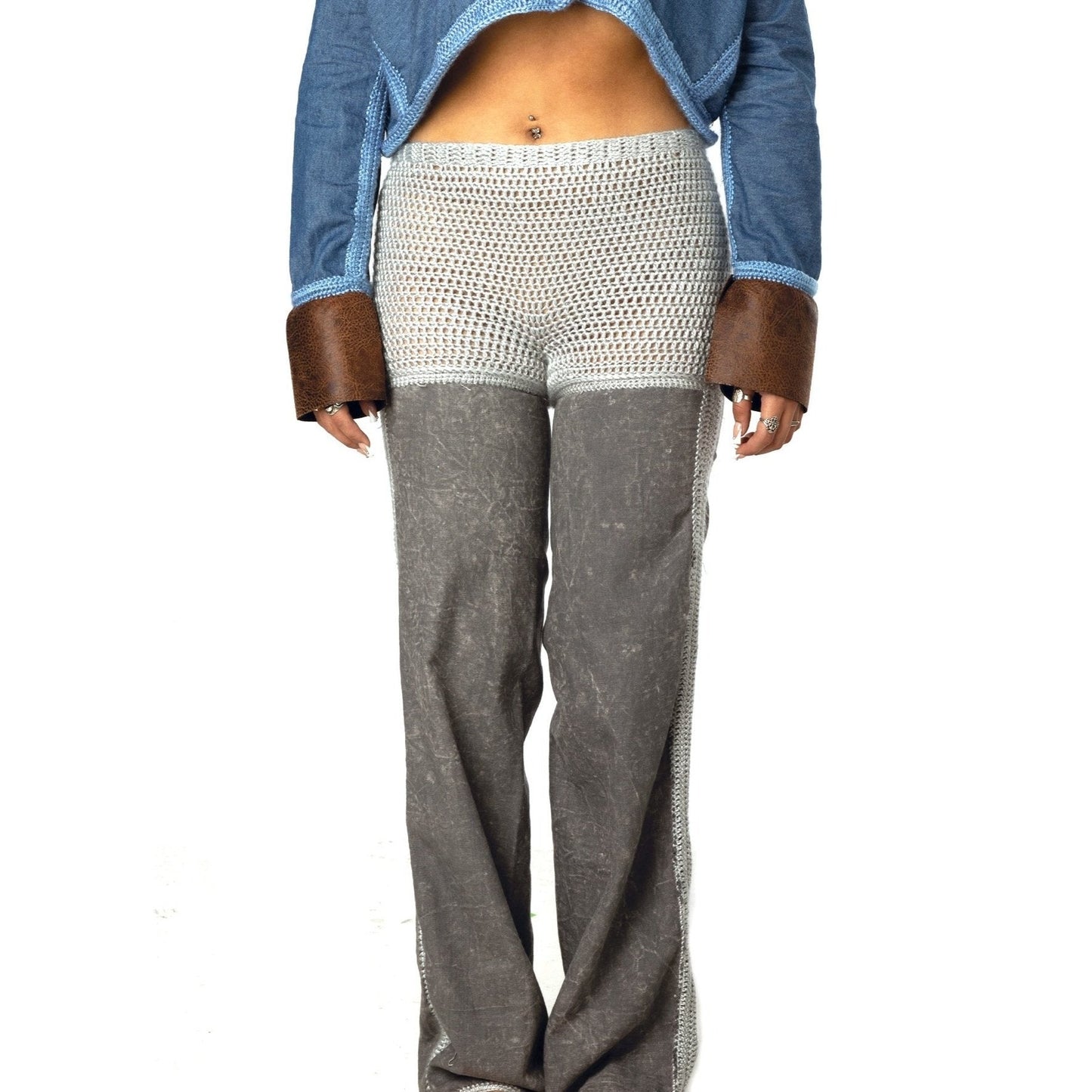 Gray knit and crochet loose-fit pants for women