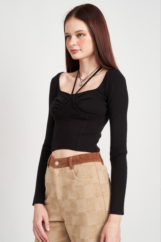 Cropped bustier long sleeve top for women.