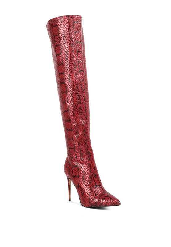 Snake pattern knee heel boots. Made with leather for women