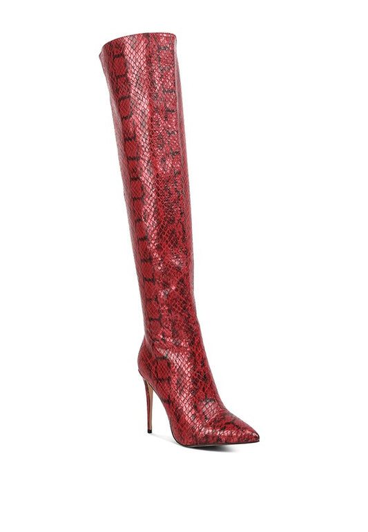 Snake pattern knee heel boots. Made with leather for women