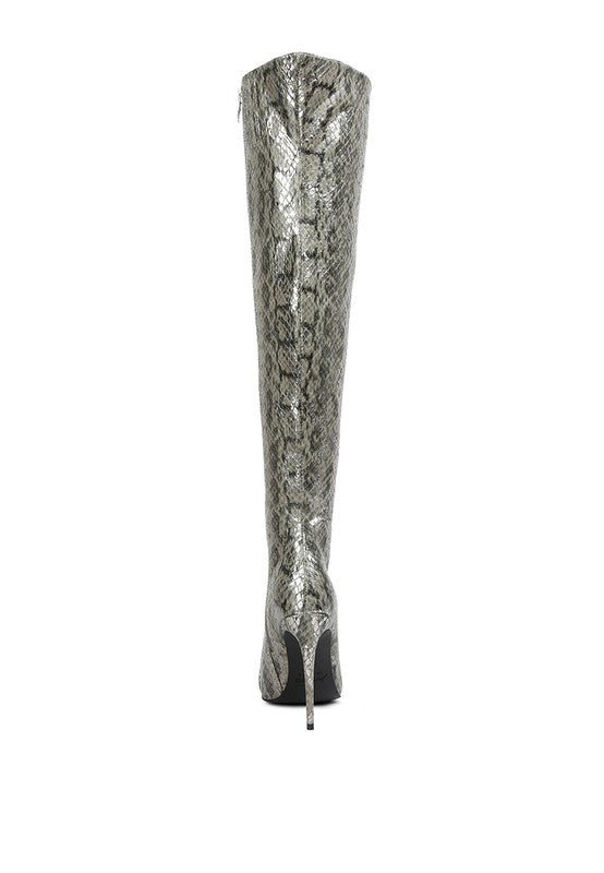 Snake pattern knee heel boots. Made with leather for women