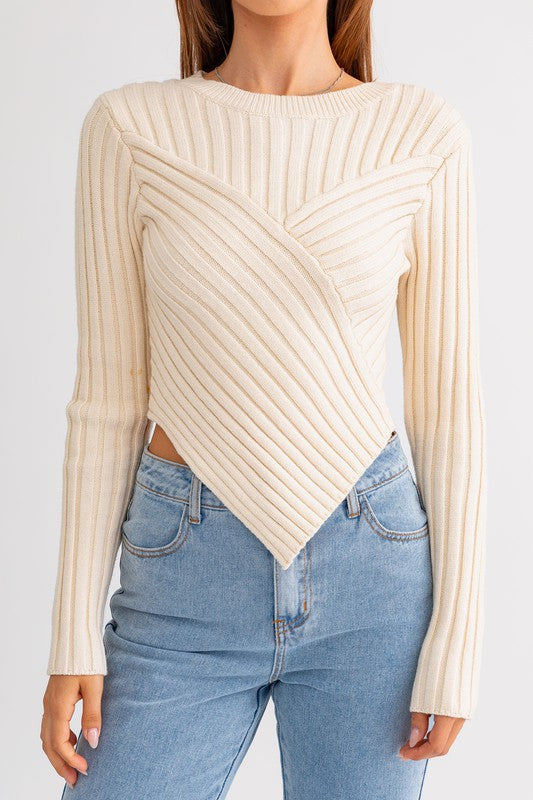 Asymmetrical crop knit sweater for women by Le Lis 