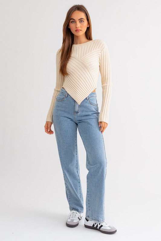 Asymmetrical crop knit sweater for women by Le Lis 