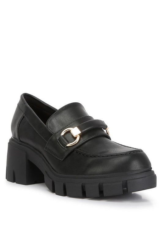 black chunky loafers with gold buckle from Holocene