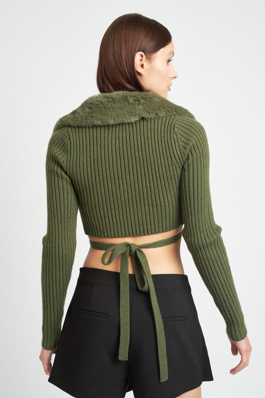 Cropped knit cardigan with fur collar at Holocene