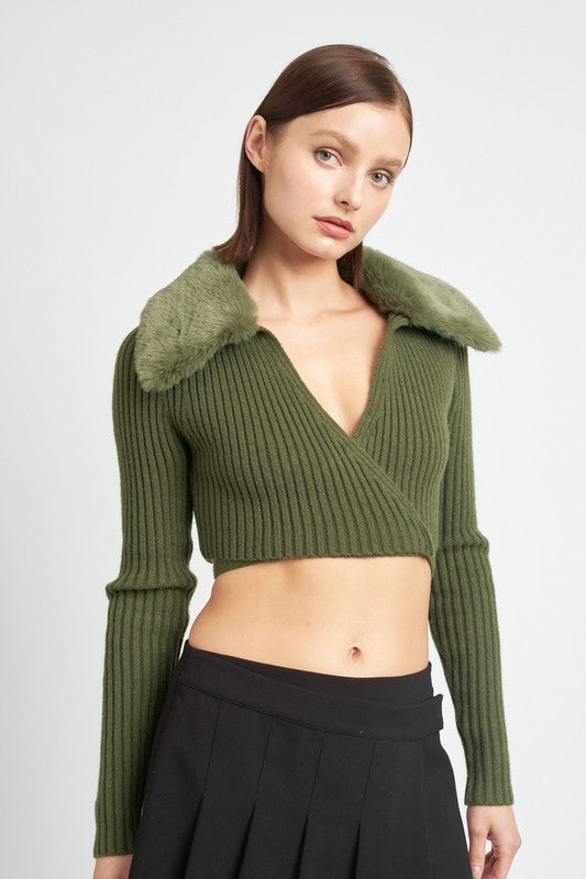 Cropped knit cardigan with fur collar at Holocene