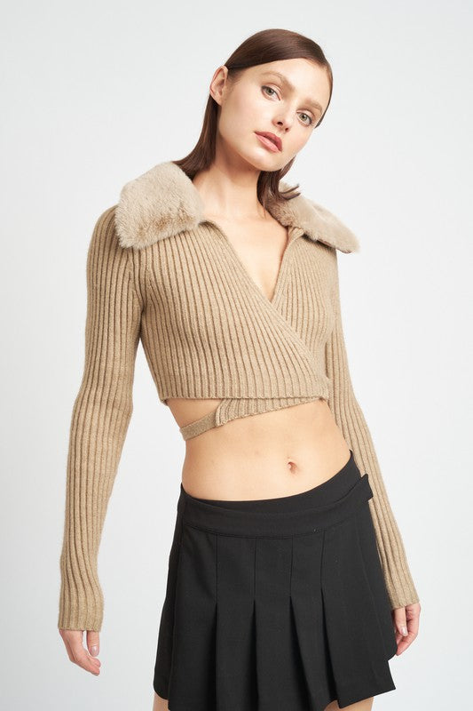 Cropped knit cardigan with fur collar at Holocene