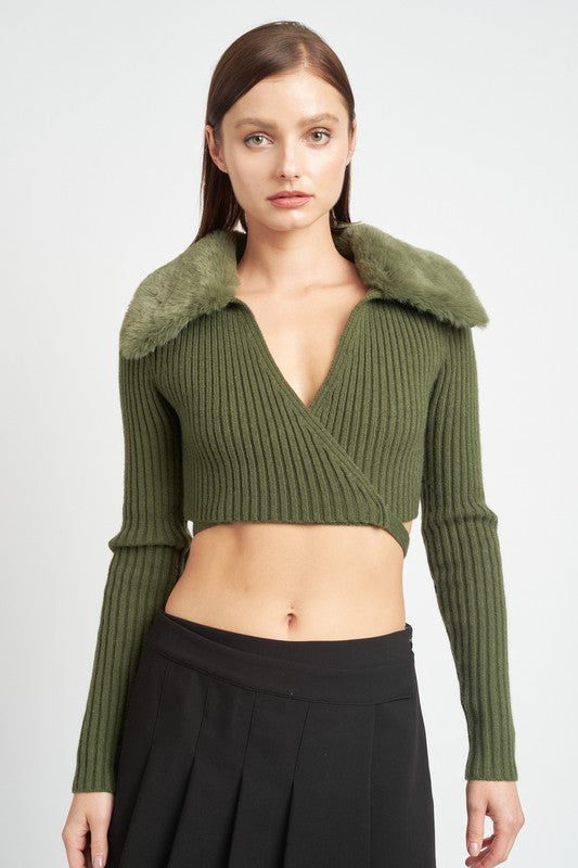 Cropped knit cardigan with fur collar at Holocene