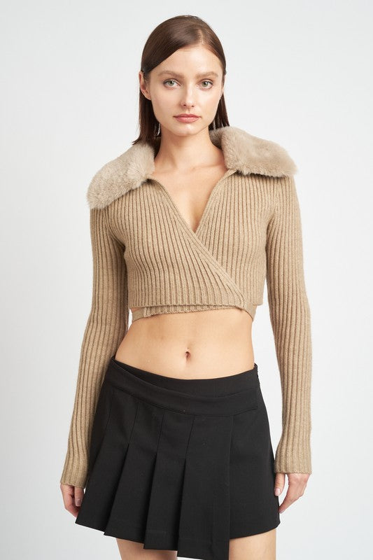 Cropped knit cardigan with fur collar at Holocene