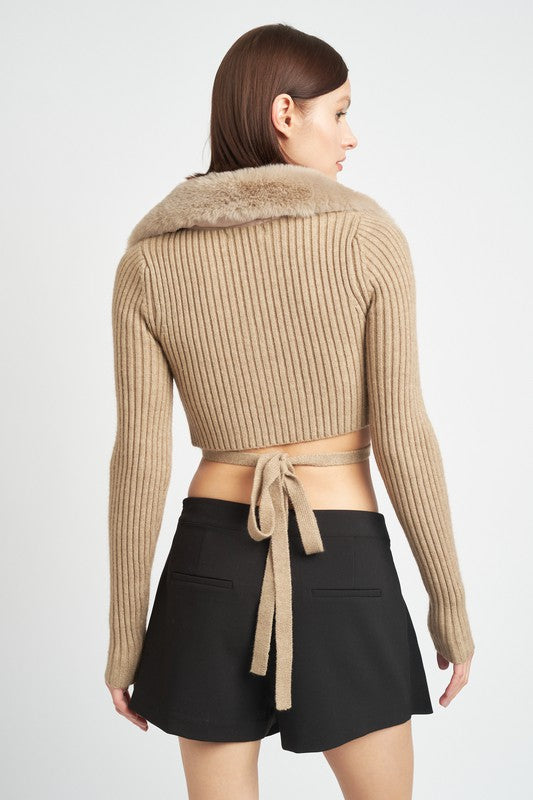 Cropped knit cardigan with fur collar at Holocene