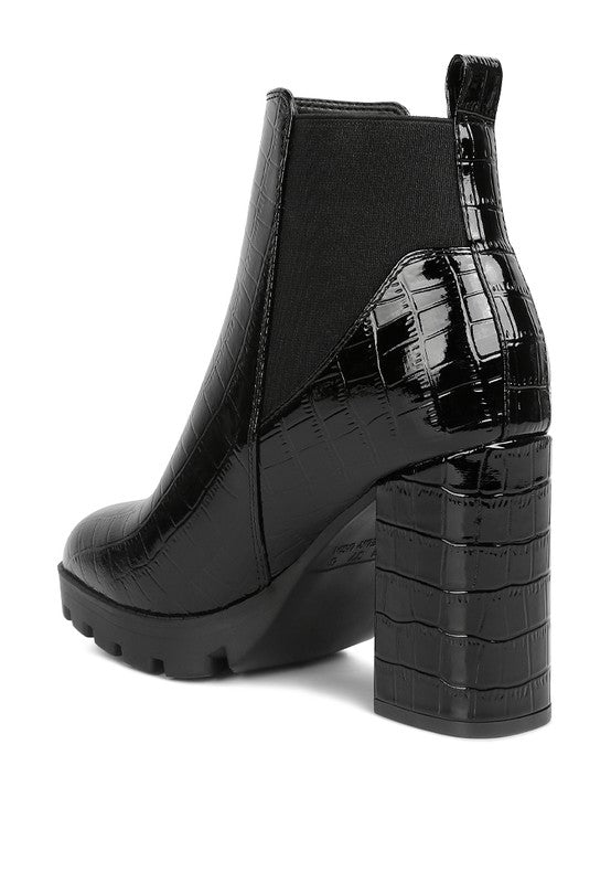 Black croc-style leather heeled boots for women