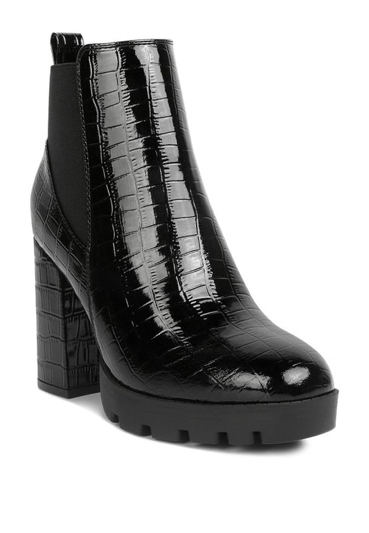 Black croc-style leather heeled boots for women