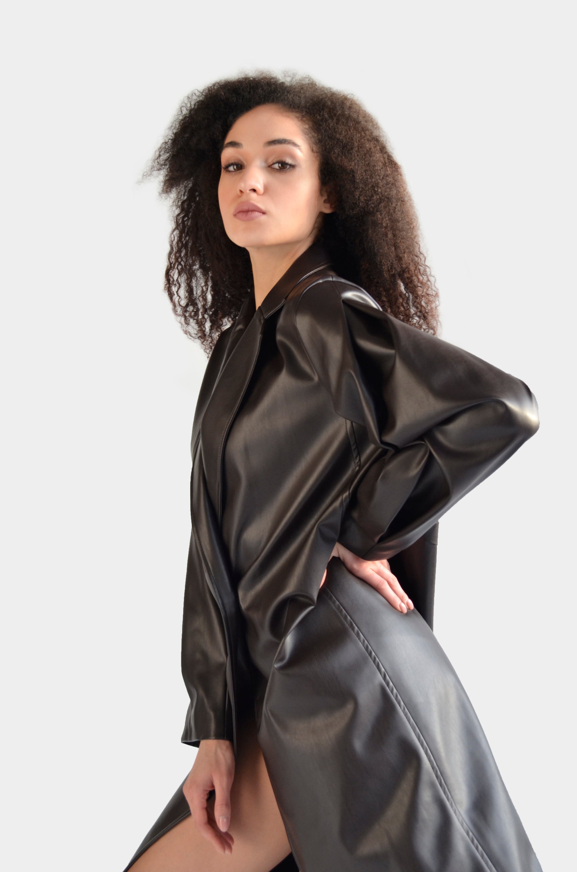 Black eco leather trench coat for women by Holocene