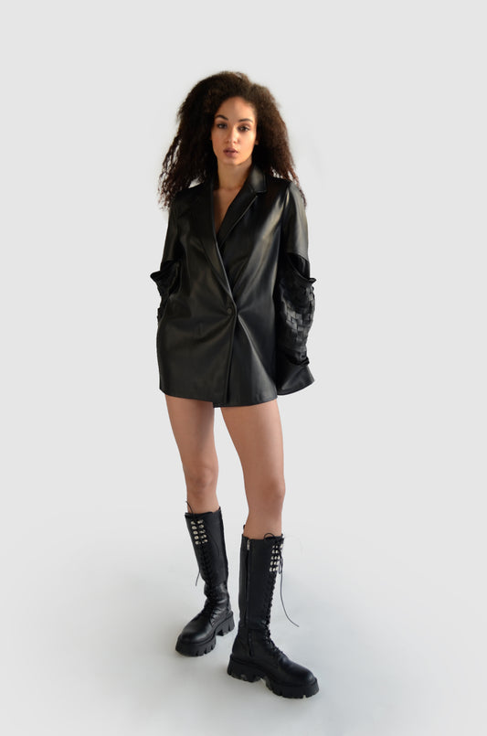 Black eco leather jacket blazer with weaving detail on the sleeves for women by Holocene