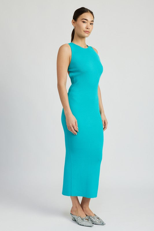 Turquoise open-back knit maxi dress