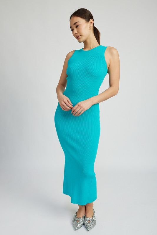 Turquoise open-back knit maxi dress