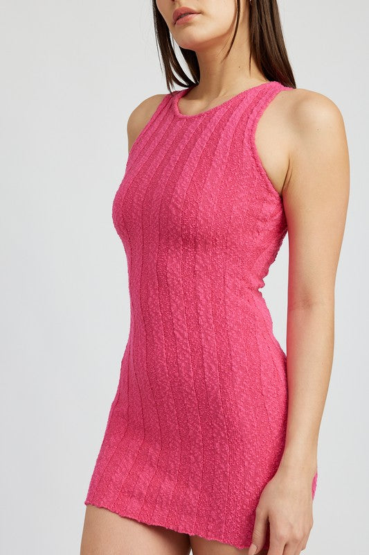 Pink knit mini dress with round neckline