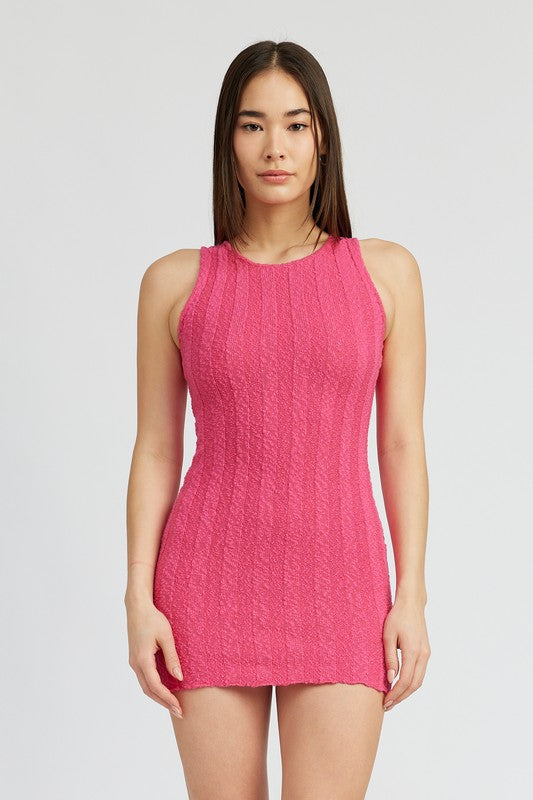 Pink knit mini dress with round neckline