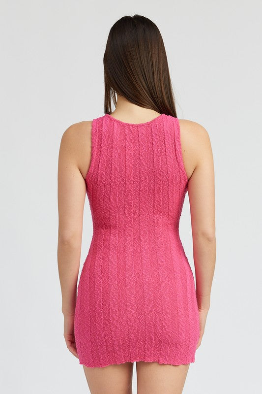 Pink knit mini dress with round neckline