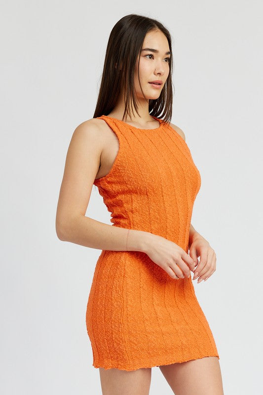 Orange knit mini dress with round neckline