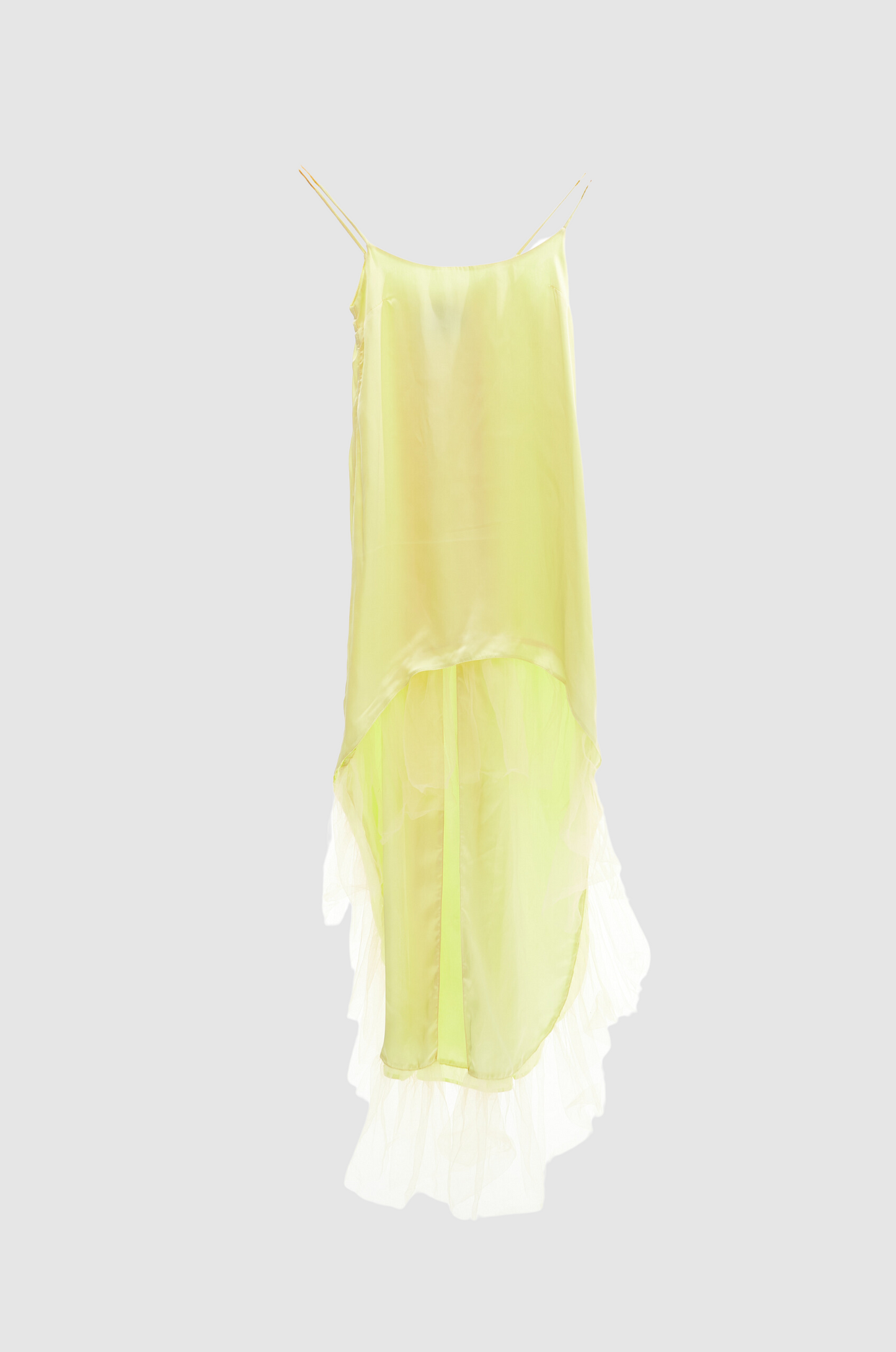 Yellow satin high low dress with chiffon detail and tank straps for women by Holocene