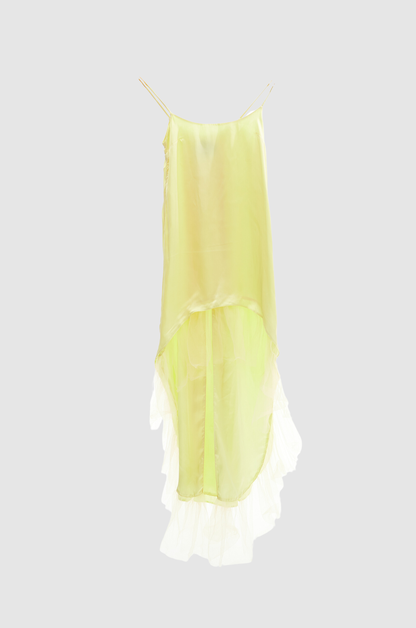 Yellow satin high low dress with chiffon detail and tank straps for women by Holocene