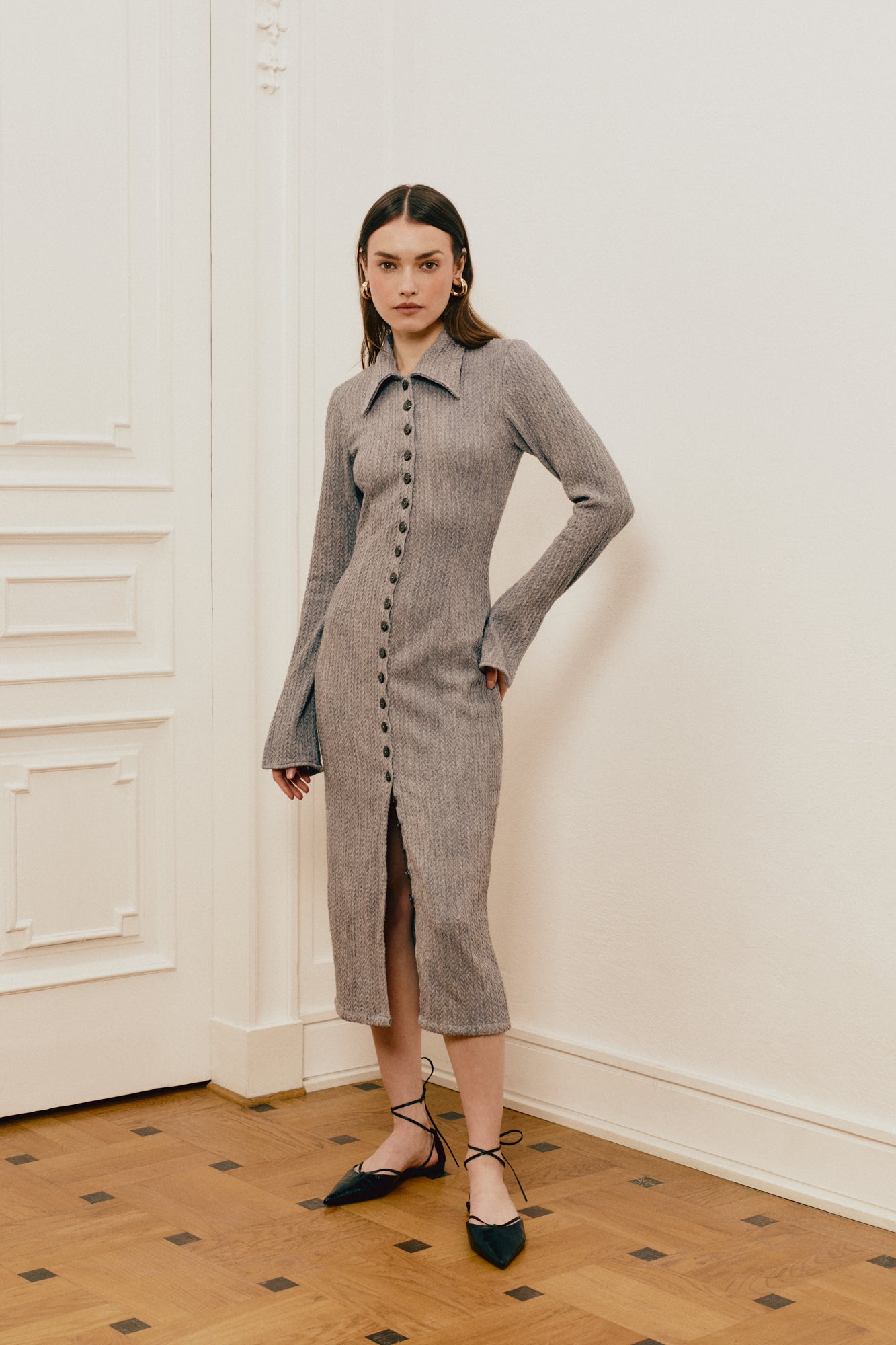 Button Up knit Shirtdress in grey