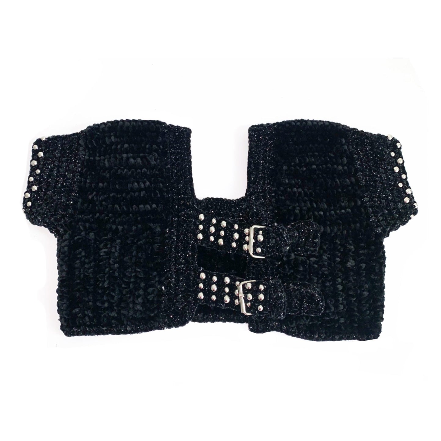 black knit and velvet buckle top with pearl adornments