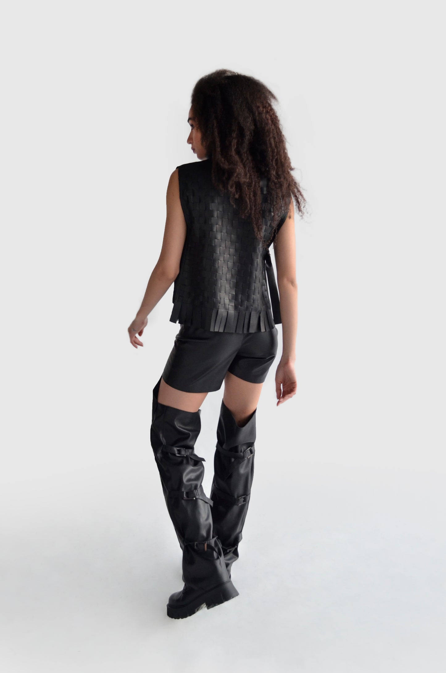 Black eco leather chaps with shorts for women by Holocene