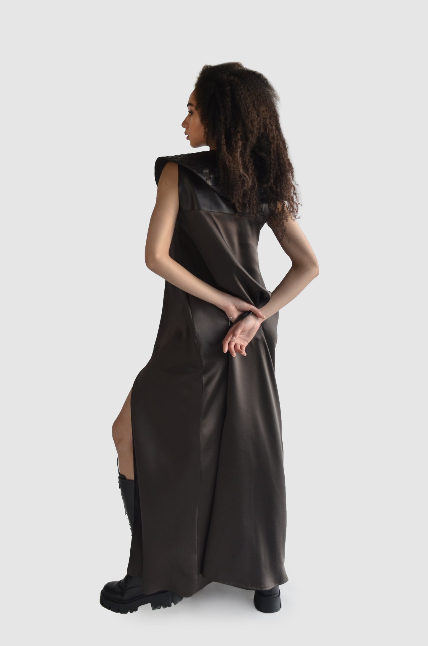 Brown sleeveless satin maxi dress with thigh slit for women by Holocene