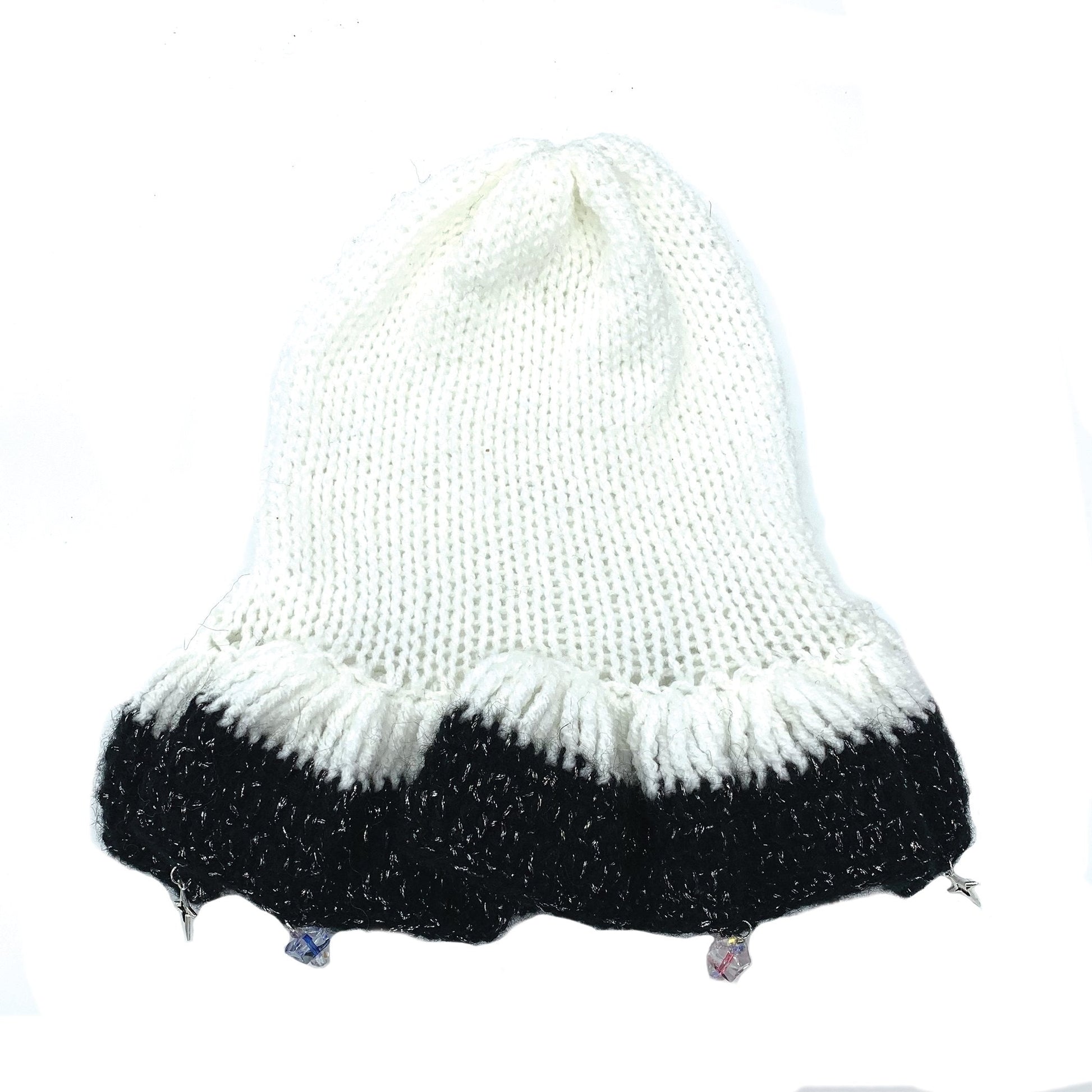 Crochet bucket hat with black trim and silver sparkle and rhinestone drop charms