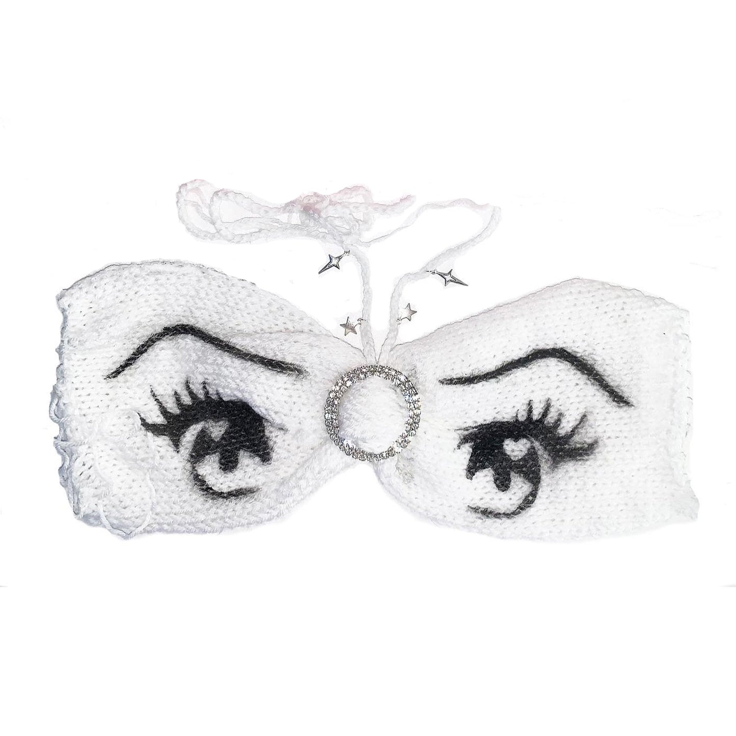 White knit crop top with eye print and metal accessory