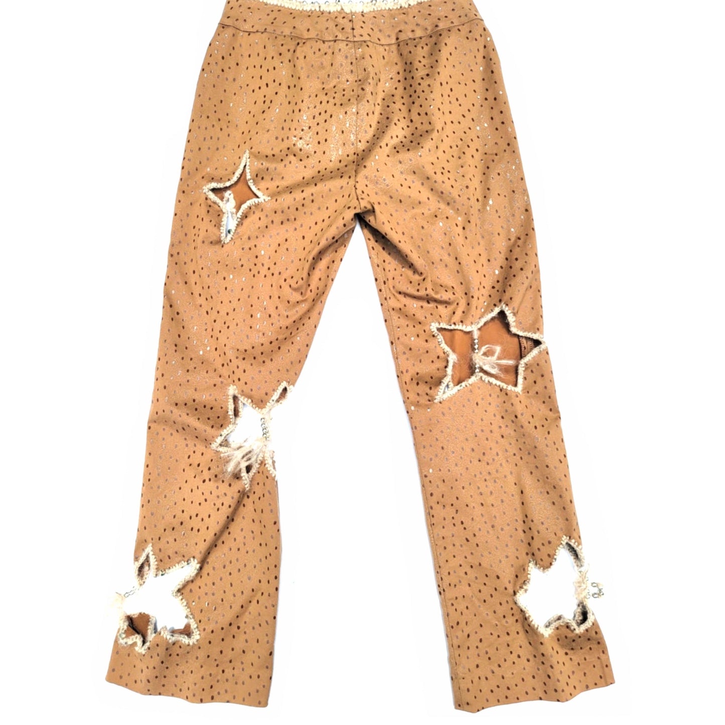 Vintage Faux Tan Spotted Pants with Silver Beaded Crochet Trim and cut outs