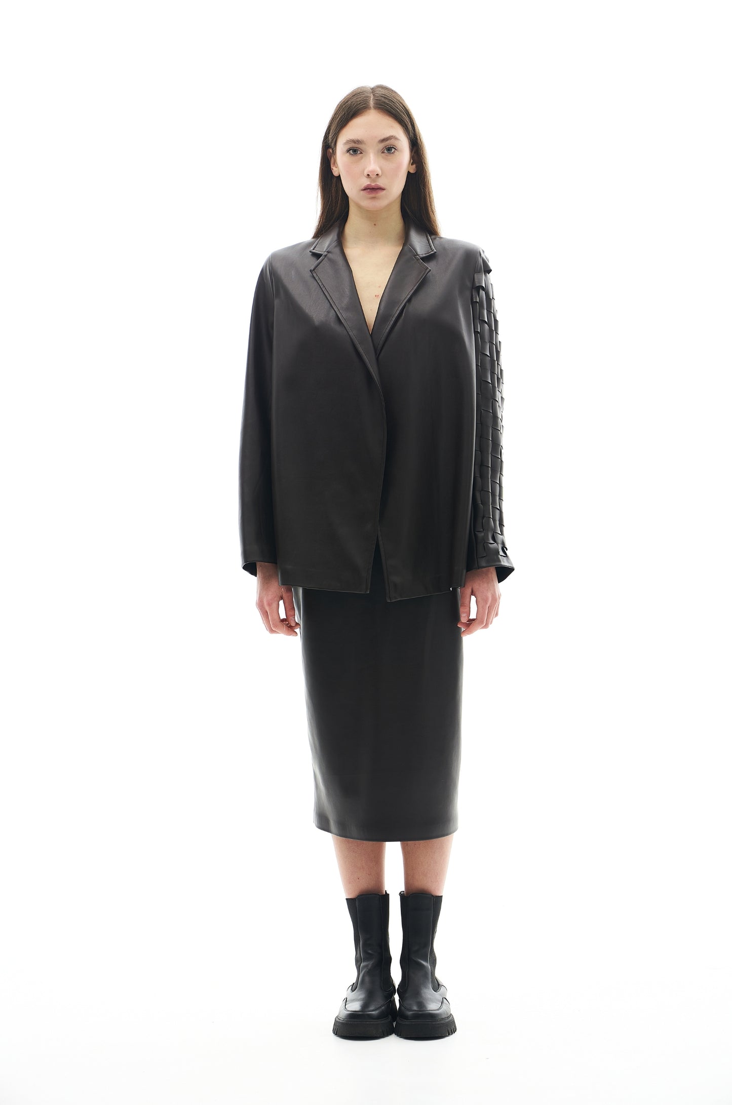 Black eco leather boxy jacket with weaving detail for women by Holocene