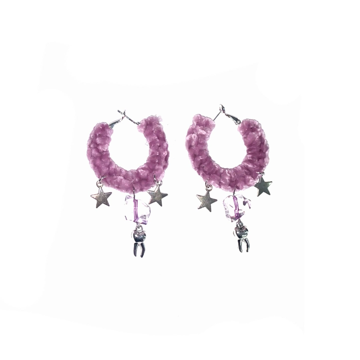 Crochet hoop earrings with charm adornments