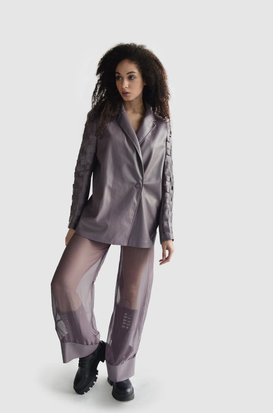 Gray eco leather and mesh sheer pants for women by Holocene