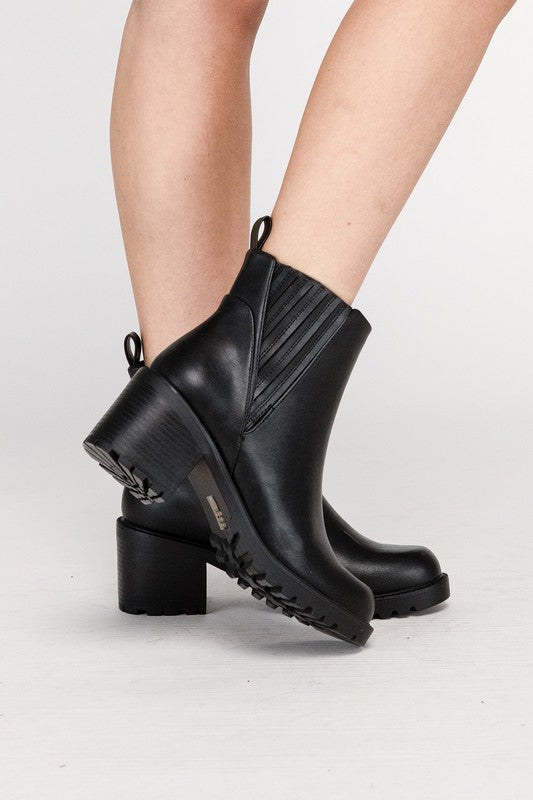 Black leather ankle booties for women