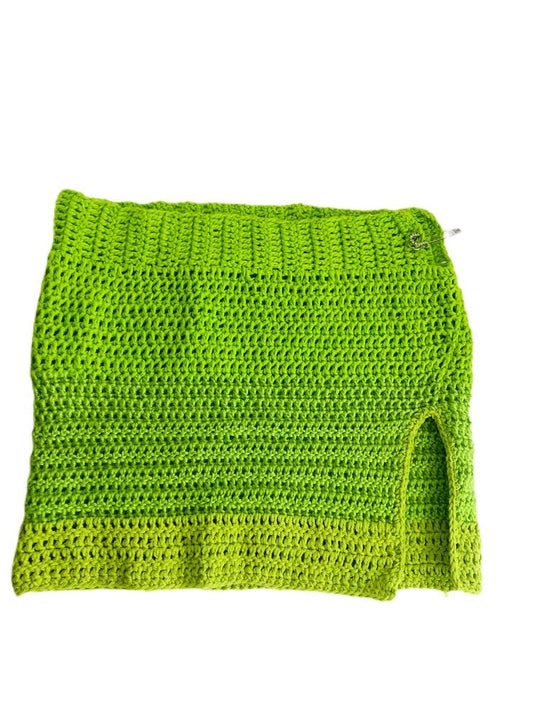 green knit mini skirt with safety pin closure. 