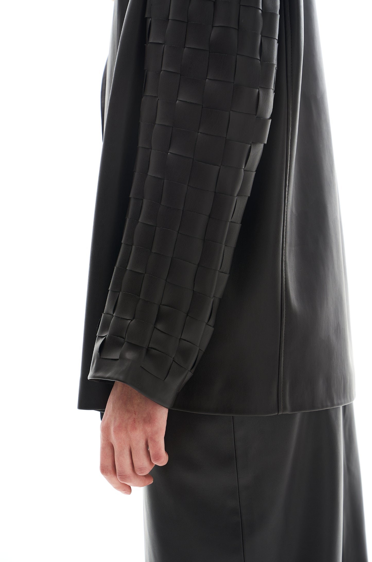 Black eco leather boxy jacket with weaving detail for women by Holocene